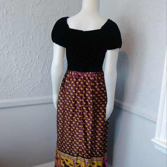Vintage 60's 70's Maxi Dress by The House of Nu-Mode - black velvet top bodice - Picture 3 of 10